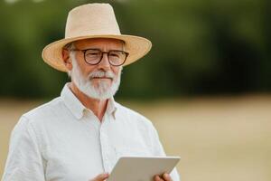 Portrait of a Senior Man in Straw Hat Using Tablet in a Rural Setting. A serene image of an elderly farmer using technology in th photo