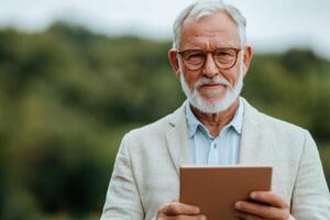 Portrait of a Serene Senior Man Using a Tablet in a Tranquil Natural Setting. A Captivating Image Showcasing the Peaceful Coexiste photo