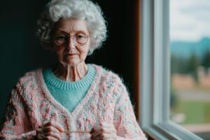 A Pensive Elderly Woman in a Knitted Sweater, Gazing Out a Window. A Portrait of Age, Wisdom, and Contemplation. The serenity of a photo