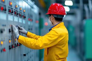Industrial Worker Operating Machinery in a Modern Factory Setting A Focus on Safety and Precision in Manufacturing Processes photo