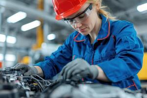 A female auto mechanic meticulously works on a car engine, showcasing her expertise and precision in the automotive repair industr photo