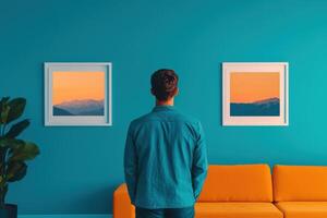 Captivating Sunset Landscape A Breathtaking View from a Modern Interior. Experience the tranquility of nature's beauty, framed wit photo