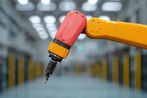 view of a robotic arm in a factory setting, showcasing the precision and automation of modern industrial technology. The image hig photo