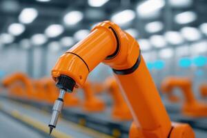 Orange Industrial Robot Arm in a Modern Factory Setting Automation, Manufacturing, and Technological Advancement in the Industry photo