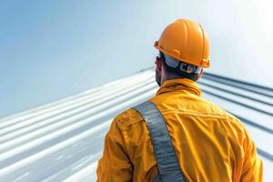 Construction Worker on a Metal Roof Industrial Building Site, Safety, and Hard Work. A Professional in Action, Ensuring Quality an photo