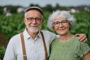 Portrait of a Happy Elderly Couple in a Field, Embracing Life's Simple Joys A Story of Love, Togetherness, and Retirement photo