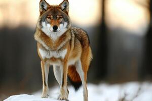 Majestic Red Wolf in Winter Wonderland A Captivating Portrait of a Wild Canine in its Natural Habitat. Witness the Untamed Beauty photo