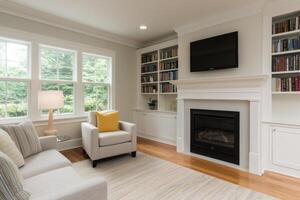 Sophisticated Living Room Interior Design with Fireplace and Built in Bookshelves. Elegant Home Decor, Comfortable Seating, and Cl photo
