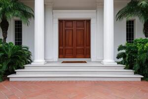 Majestic Entrance A Grand Home's Architectural Design, Featuring Classical Columns, Elegant Double Doors, and a Luxurious Brick Pa photo