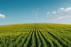 Serene Landscape Wind Turbine in a Lush Green Field A Symbol of Sustainable Energy and Environmental Harmony. The image depicts photo