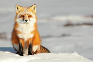 Majestic Red Fox in Winter Wonderland A Stunning Wildlife Portrait. This captivating image showcases a red fox sitting proudly ami photo