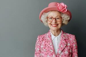 Portrait of a smiling senior woman wearing a pink hat and floral jacket. She exudes elegance and confidence, showcasing mature be photo