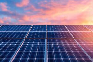 Harnessing the Sun A Stunning View of Solar Panels at Sunset. Clean energy, renewable power, and sustainable technology for a bri photo