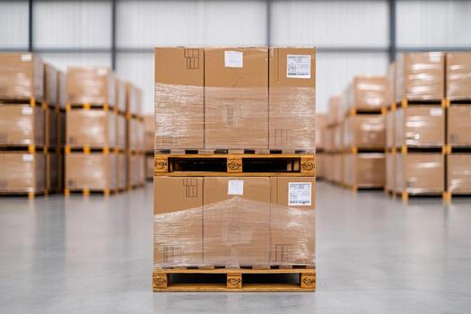 Warehouse Inventory Rows of Cardboard Boxes on Pallets, Efficient Storage and Logistics photo