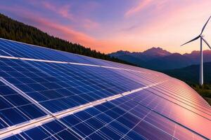 Sustainable Energy Solar Panels and Wind Turbines in a Breathtaking Mountain Landscape. A symbol of clean energy and environmental photo