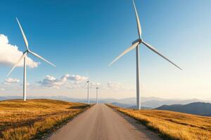 Majestic Windmills on a Scenic Road A symbol of clean energy and sustainable future. The image showcases wind turbines gracefully photo