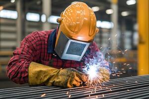 A welder works diligently, sparks flying as they expertly fuse metal. The image captures the intensity and precision of industrial photo