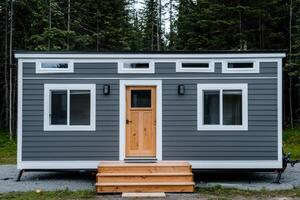 Modern Tiny House Exterior Gray Siding, Wood Door, Minimalist Design. Perfect for Compact Living and Comfortable Space. Ideal for photo