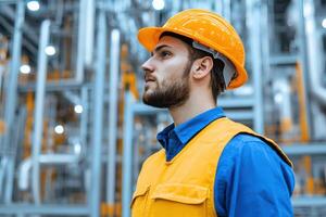 Portrait of a Focused Industrial Worker A Contemplative Gaze Amidst the Complex Machinery of a Modern Factory photo