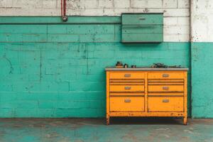 Rustic Charm A Vintage Orange Metal Cabinet Against a Teal Brick Wall. The aged texture and industrial setting create a captivatin photo