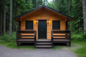 Secluded Log Cabin in the Forest A Peaceful Getaway. Rustic charm meets tranquil nature in this cozy forest cabin, perfect for a photo
