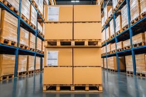 Warehouse Inventory Rows of Cardboard Boxes on Pallets, Efficient Storage and Logistics in a Modern Distribution Center photo
