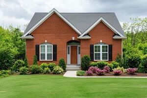 Brick House Exterior Dream Home in the Suburbs. Beautiful landscaping and architectural design. Perfect for real estate listings a photo