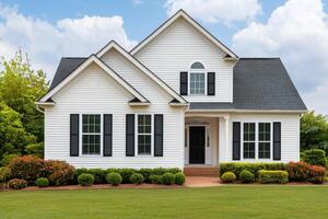 Dream Suburban Home White Exterior, Landscaping, and Classic Design. A perfect blend of architectural beauty and comfortable livi photo