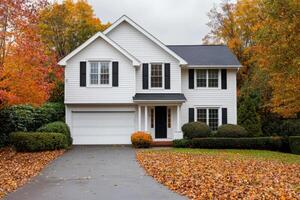 Stunning White House in Autumn Dream Home in the Suburbs. Picture perfect fall foliage surrounds this beautiful house, creating a photo