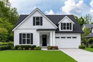 Spectacular Modern House Exterior White Facade, Black Trim, and Lush Green Lawn. A Perfect Family Home in a Tranquil Neighborhood. photo