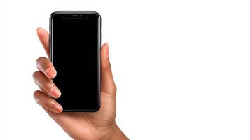of a hand holding a smartphone with a blank screen. The image is perfect for showcasing mobile apps, technology, and communication photo