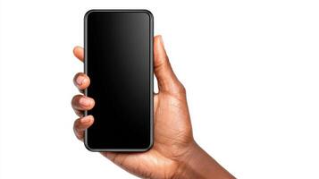 of a hand holding a smartphone with a black screen. The image is perfect for illustrating technology, mobile communication, and di photo