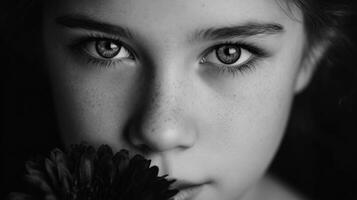 Pensive Gaze A Black and White Portrait of a Young Woman with Freckles, Her Eyes Intensely Focused, a Dark Flower Near Her Face, C photo