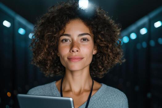 Portrait of a Confident Woman in Tech, a symbol of innovation and success in the digital world. She represents the future of tech photo