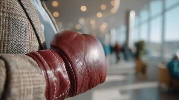 of a Red Leather Boxing Glove Worn by a Man in a Tweed Jacket. A Powerful Image Representing Strength, Determination, and the Int photo