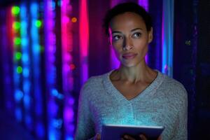 A Thoughtful Woman Using a Tablet in a Modern Data Center. Exploring the Future of Digital Technology and Innovation in a High Te photo