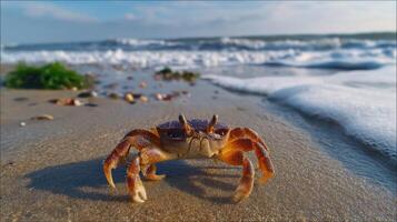of a crab on the sandy beach with ocean waves in the background. A picturesque summer vacation scene. Wildlife and nature photogra photo