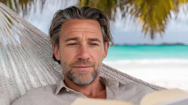 Relaxing on a Tropical Beach A Serene Escape in a Hammock. A man enjoys a peaceful vacation, reading a book under palm trees by t photo