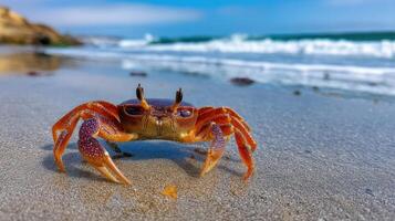 of a vibrant orange crab on a sandy beach with ocean waves in the background. A captivating wildlife scene, perfect for nature lov photo
