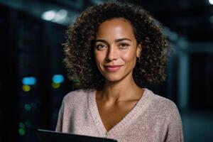 Portrait of a smiling woman, possibly a data engineer or IT professional, in a server room. The image conveys themes of technology photo