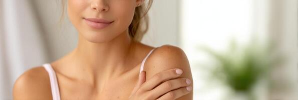portrait of a woman's shoulder and face, emphasizing soft skin and delicate features. The image evokes a sense of beauty, care, an photo