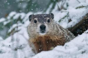 Groundhog in Winter Wonderland A captivating of a woodchuck peeking from the snow, showcasing the beauty of wildlife in a snowy f photo