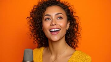 A Captivating Portrait of a Young Woman with Curly Hair, Singing Joyfully into a Microphone Against a Vibrant Orange Background. H photo