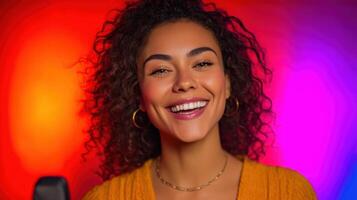 Radiant Smile A Captivating Portrait of a Happy Woman. Her joyful expression and vibrant energy shine against a backdrop of rich r photo