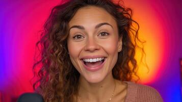 portrait of a happy, smiling woman with curly hair. Her joyful expression and bright background create a vibrant and positive mood photo