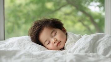 Sweet Dreams A Precious Baby Sleeping Peacefully by the Window, Bathed in Soft Light and Surrounded by Nature's Tranquility. A Ten photo