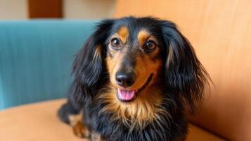 Adorable Longhaired Dachshund Dog Portrait A Happy Canine Companion at Home. This heartwarming image captures the essence of pet c photo