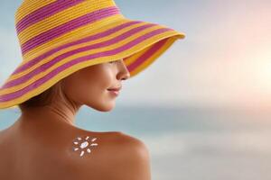 Sun Kissed Skin A Woman in a Striped Sun Hat Appreciates the Summer Glow, Protected by Sunscreen. Beach Vacation, Relaxation, and photo