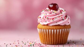 Pink Cupcake with Cherry on Top A Delicious Sweet Treat, Perfect for Birthdays, Parties, and Celebrations. Indulge in this delight photo