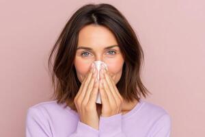 portrait of a woman gently holding a tissue to her nose against a soft pink background. The image conveys a sense of care, comfort photo